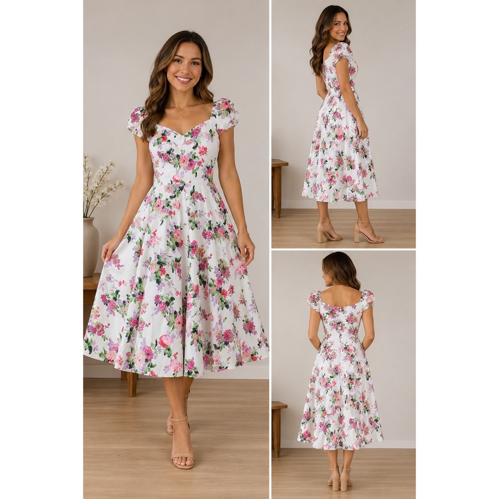 MUXXN Boutique Floral Midi Dress Pink Purple White Rockabilly Vintage Style S